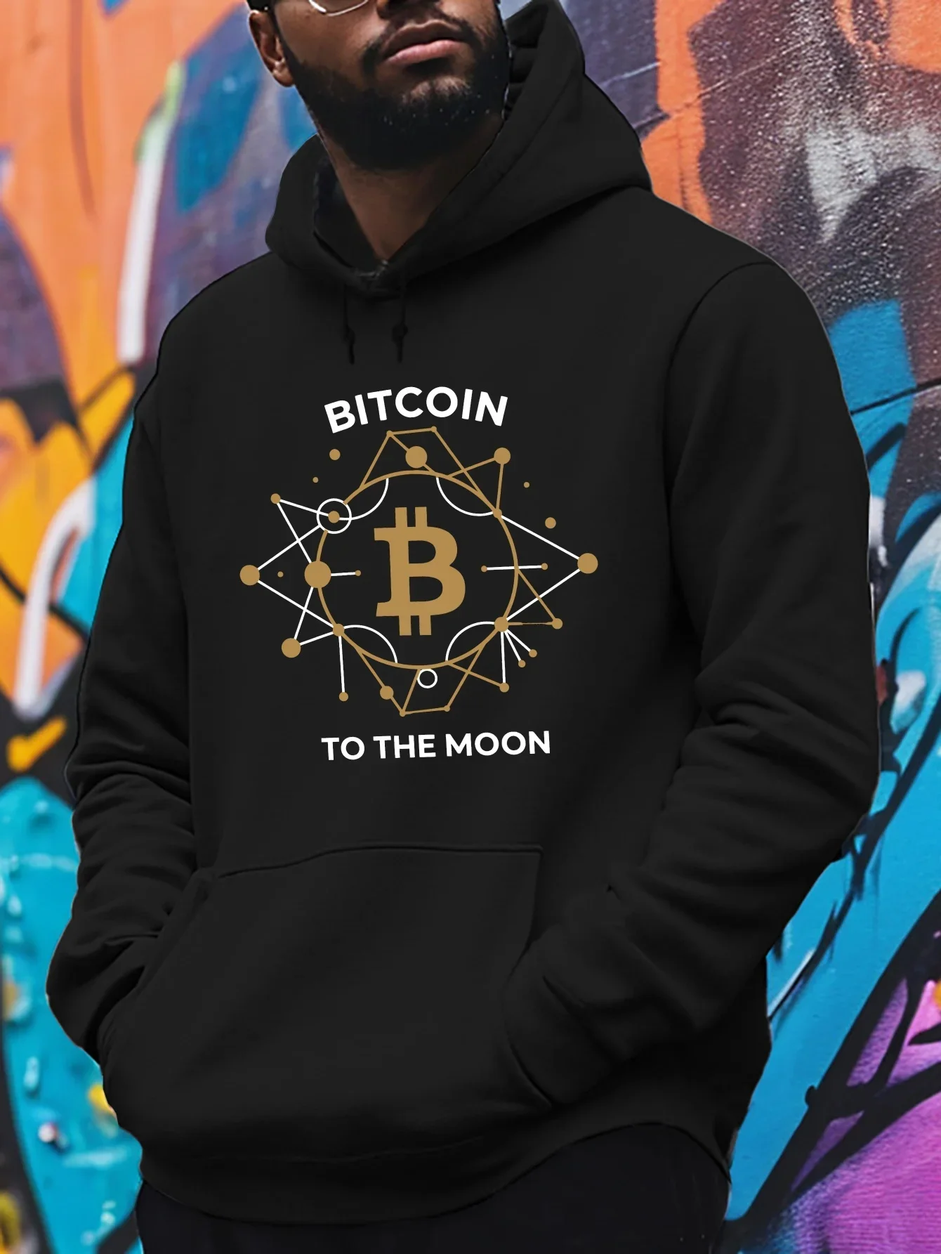 Men Bitcoin To The Moon Geometric Network Front Print Hoodie Crypto Investor Graphic Loose Unisex Fleece Hooded Sweatshirt