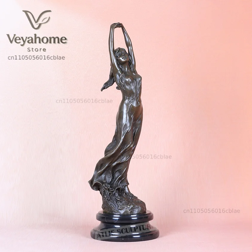 44cm Dressed Pretty Girl Bronze Statue Maiden Feel the Spring Woman Sculpture Figurine for Living Room Decoration
