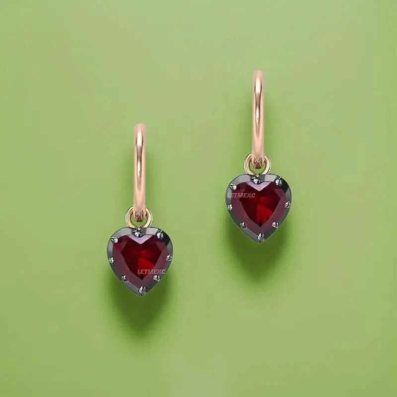 LETMEXC Heart Shaped Lab Grown Sapphire Ruby Emerald Moissanite Blackened Gold Gypset Hoop Earrings