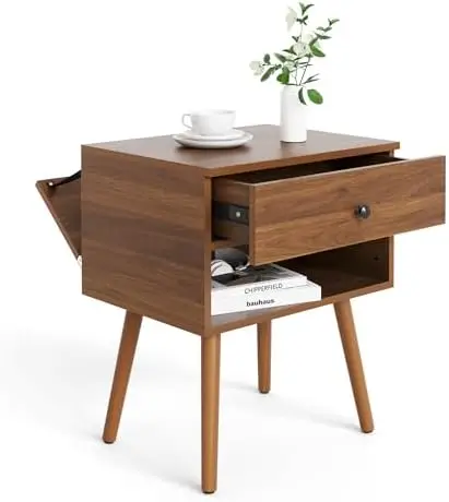 Hidden Compartment Nightstands, Mid Century Modern Concealment Furniture, Bedside Table with Wood Legs, End Table with