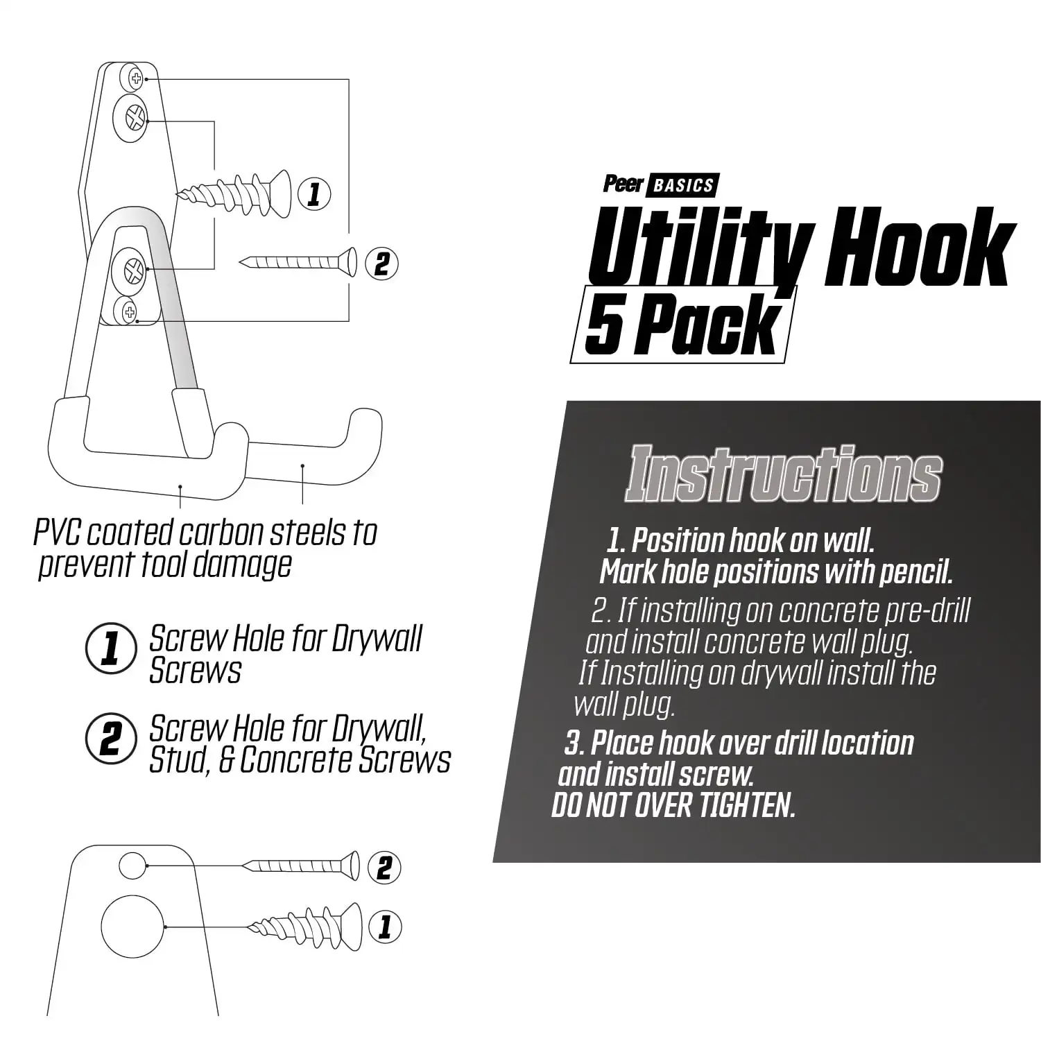, 5 Pack Hook Set, Black, Metal, Pvc Coated, Average 50 lb Capacity, Hardware Included