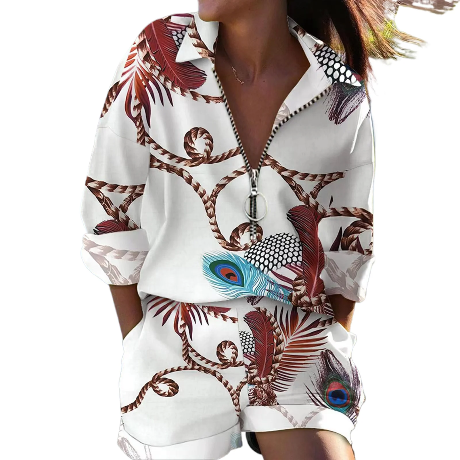 

Casual Loose Long Sleeve Tshirt Shorts Set Office Lady Fashion Turn Down Collar Letter Print Two Piece Set Women Outfit 2023 Top