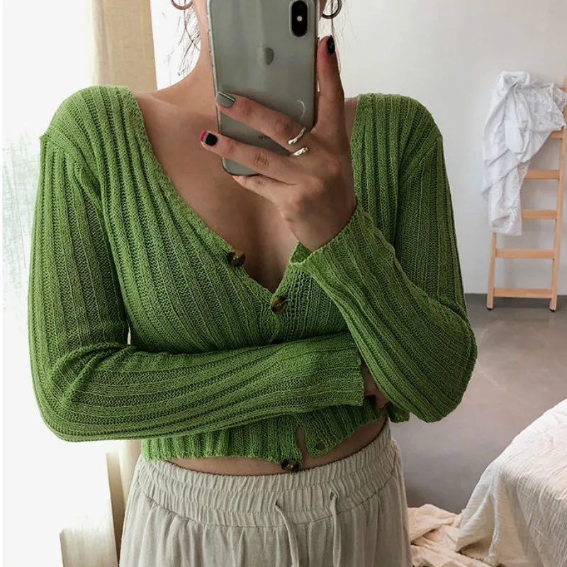 Sweaters Spring Fall V-Neck Coat Knitted Striped Cardigan Women OL Thin High Waist Single-breasted Long Sleeved Autumn Thin Tops