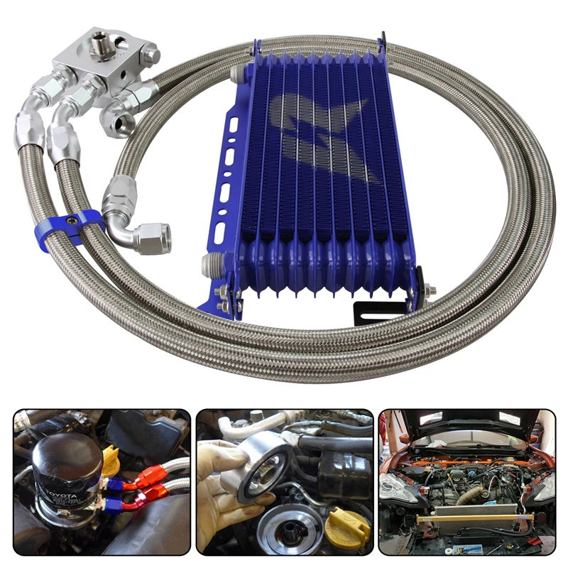 10 Row AN10 Oil Cooler 1.3M Oil Hose Bracket Kit Thermostatic For Subaru BRZ Scion FR-S FA20 Blue