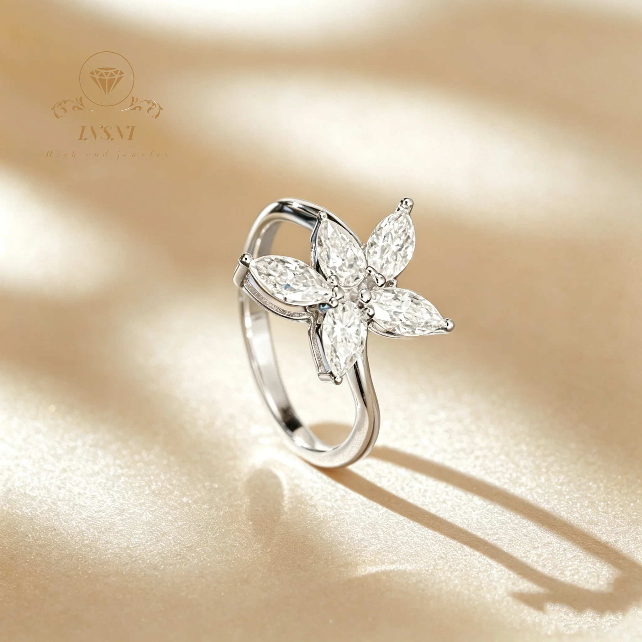 

S925 sterling silver flower petal horse eye stone moissanite ring smart and elegant butterfly not allergic gift lady not fading