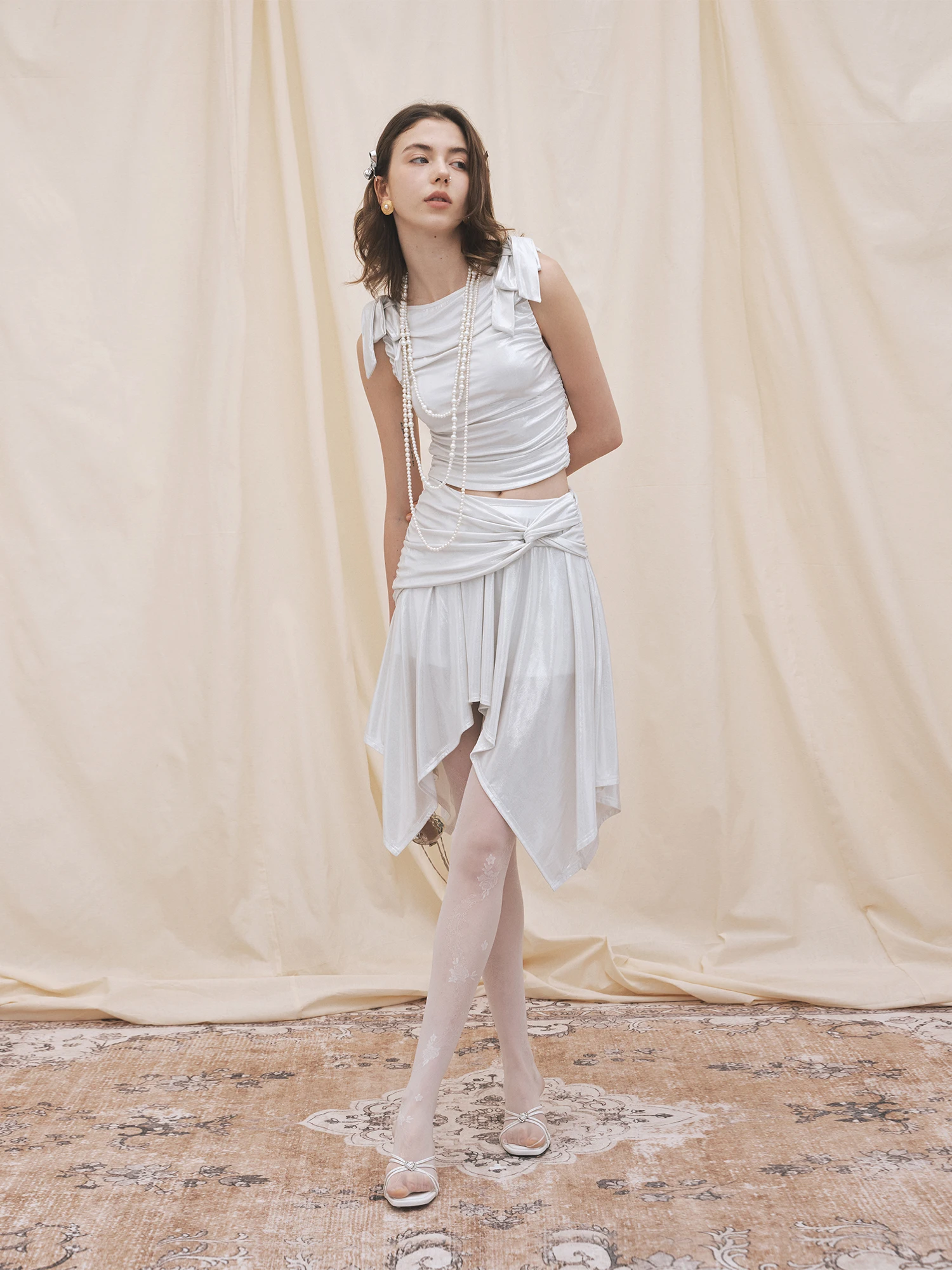 

Silver Ripple Pleated 3D Knot Svel Top Asymmetrical f Skirt Women's Faion Set Polyester Fiber round Ne