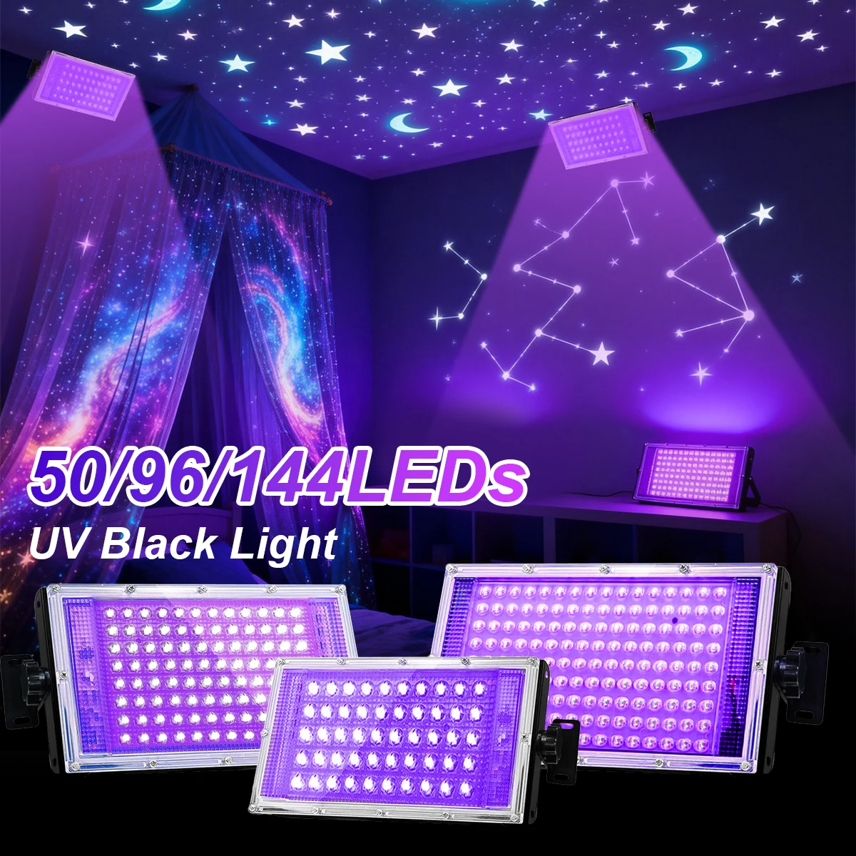 

50/96/144LEDs UV Black Light Flood Light, USB Powered, Purple Glow for Party, Stage, Decor &Fluorescent Paint Lighting