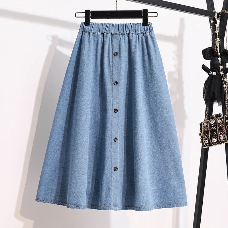Loose Denim Long Skirt Women Summer Elastic High Waist Casual Solid Color Single Breasted Midi Skirt