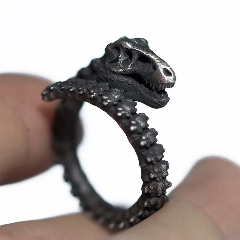 1Pc Love Vintage Antique White K Dinosaur Fossil Alloy Open Antique Silver Color Ring Creative Fun Jewelry Adjustable