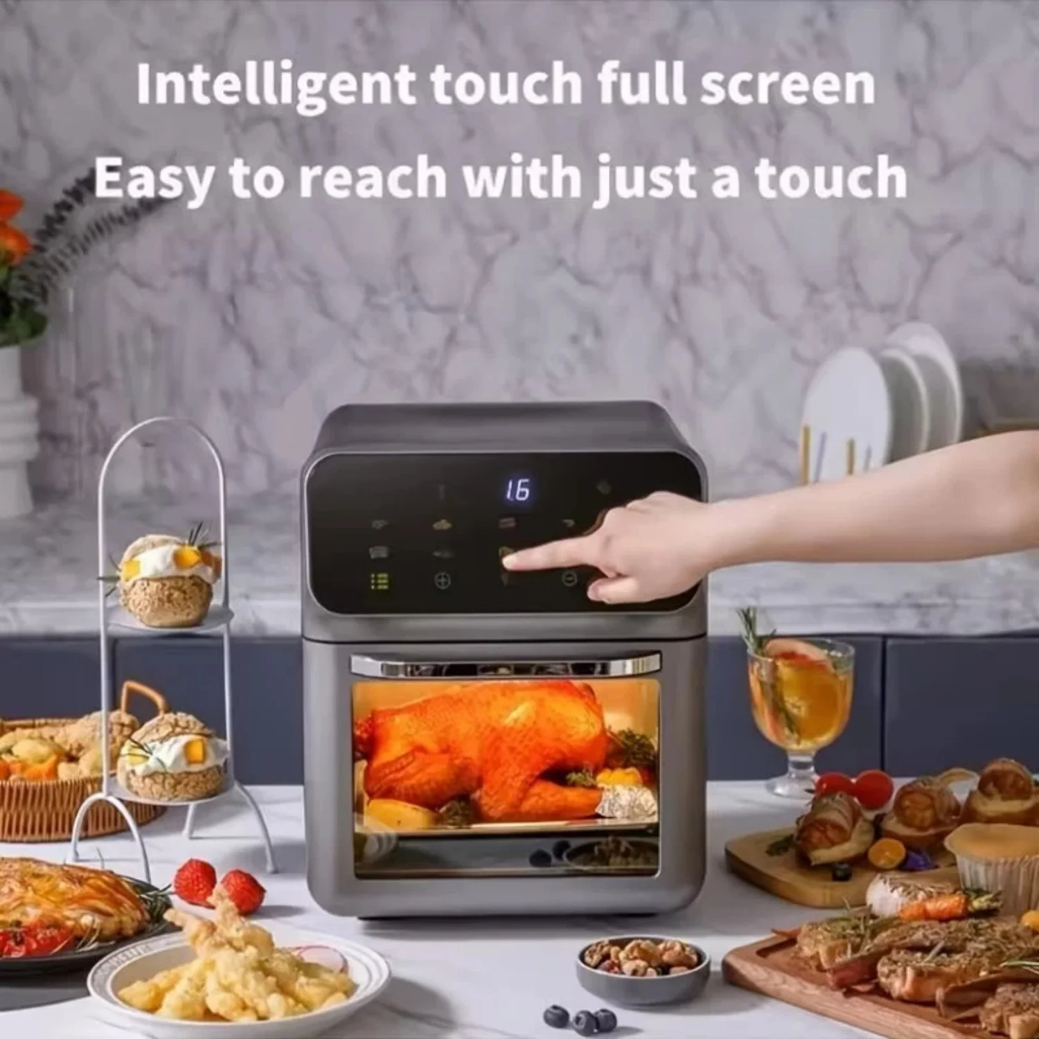 11.5QT 10-in-1 Multifunctional Air Fryer Toaster Combination, Baking, Reheating, No Deep Frying, Stainless Steel, LED Digital Touch Screen, Visible Window, Healthy Cooking
