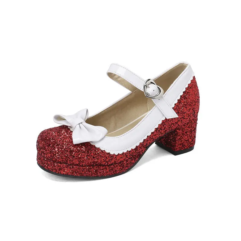 Sparkling Lolita Shoes Mary Jane Pumps Chunky Heels Sequin Sweet Bow Cosplay Walkwear for Daily Dressing Up