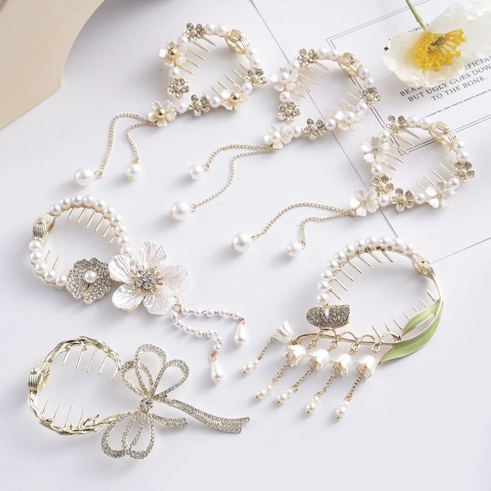 Pearl Rhinestone Hair Claw Clips Bow Flower Tassel Horsetail Buckle Bun Ponytail Holder Hair Clip Women Female Hair Accessories