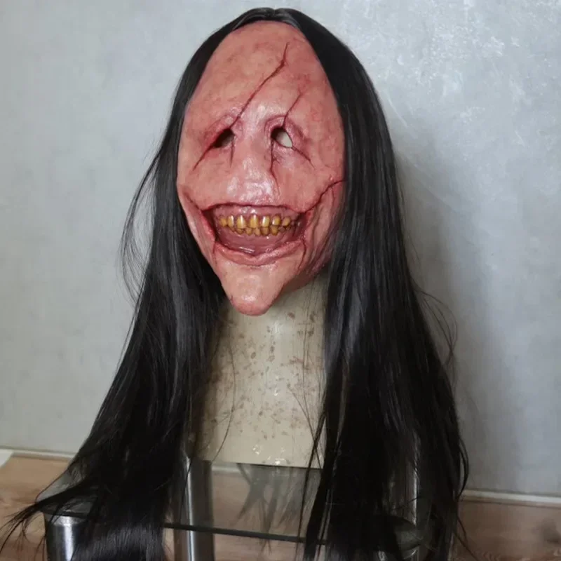 2024 cabelo longo rosto vermelho máscara do diabo artesanal máscara de halloween rosto cheio realista horror cabelo longo cosplay festa traje decoração