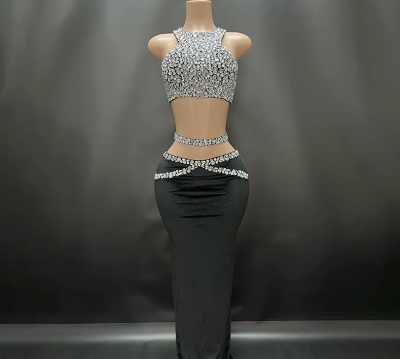 High Quality Women Full Sparkly Crystal Sexy Tops 2 Pieces Bodycon Long Dress Celebrate Nightclub Pary Bar Singer Stage Wear