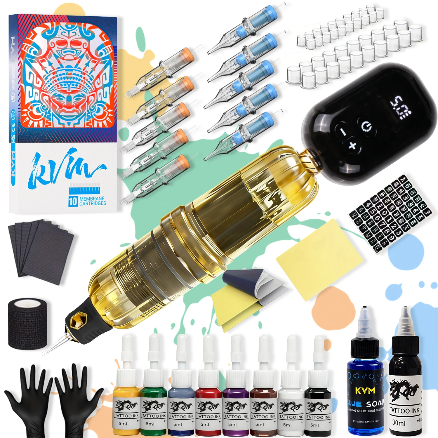 Tattoo Kit Yellow Transparent Tattoo Machine Kit Include Ink Tattoo Needle & Tattoo Accessories Suitable for Tattoo Beginners