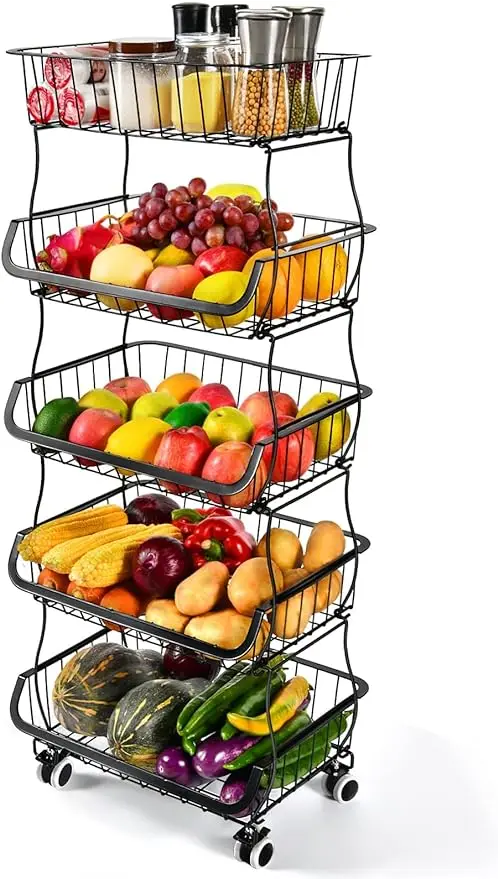 

Fruit Vegetable Storage Basket - 5 Tier Stackable Metal Wire Baskets with Wheels Produce Organizer Bins for Kitchen Pantry