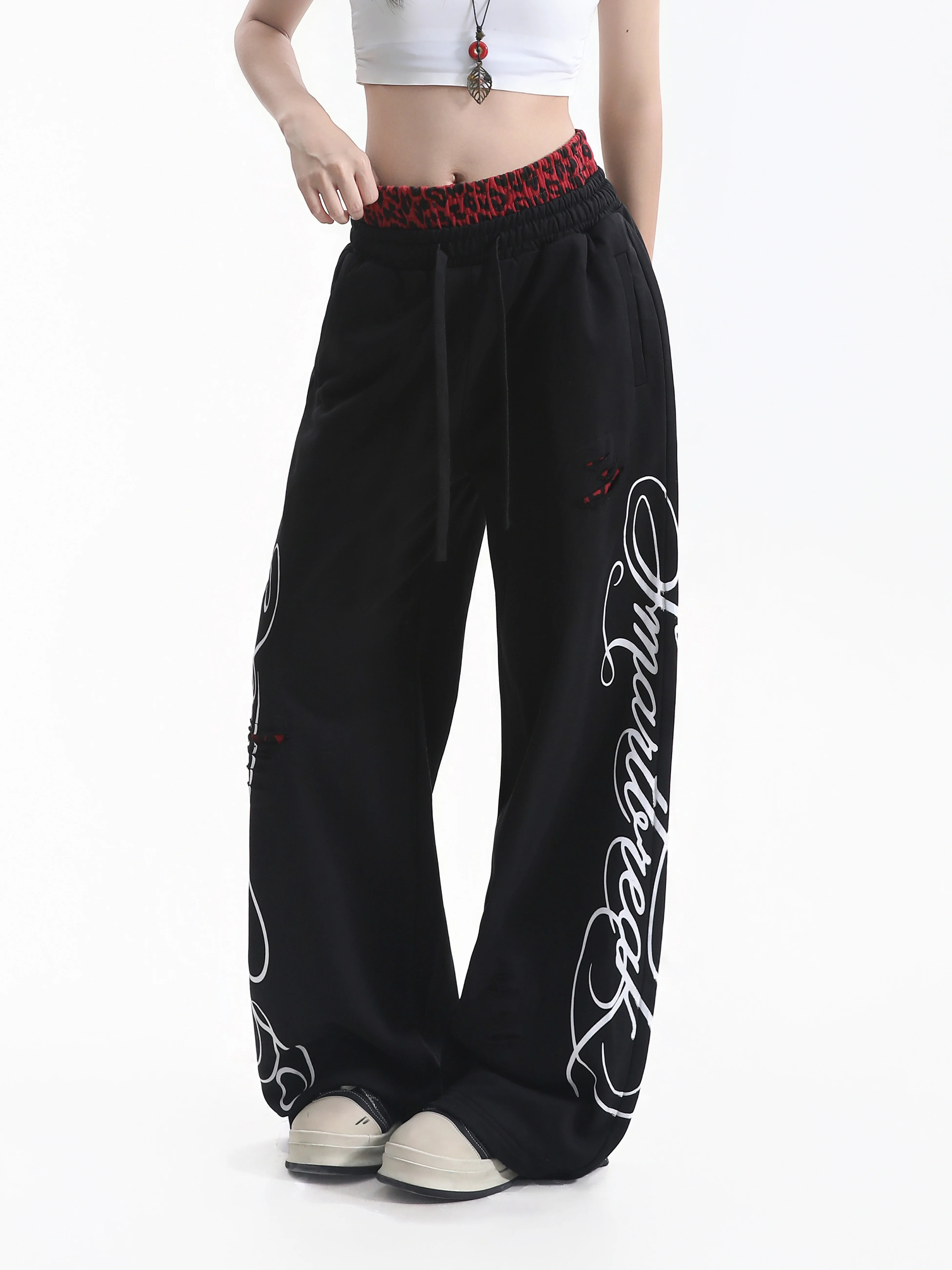 Gothic Print Loose Straight Leg Couple Sports Pants Double Layer Waist Wide Leg Sweatpants Women's Casual Cotton Trousers