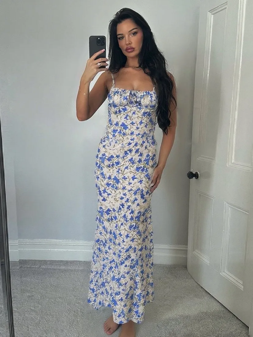 

Сексуальное длинное платье с цветочным принтом, женское платье телесного цвета на бретельках с высокой талией, очаровательное вечернее платье, праздничная одежда