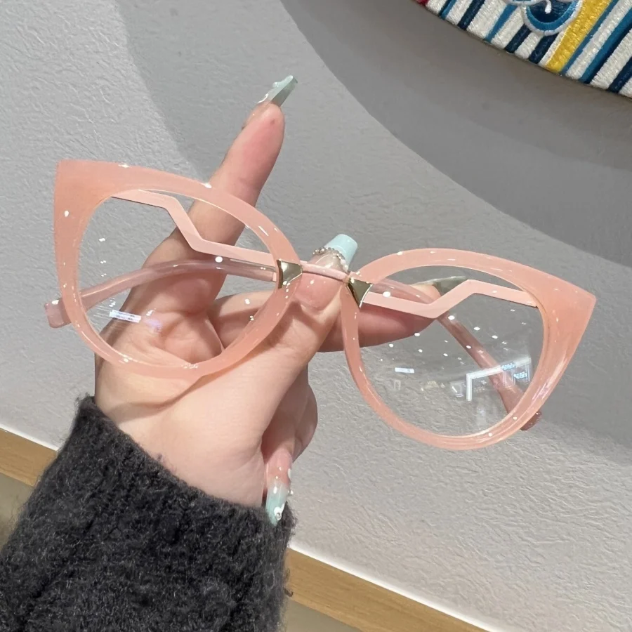 1Pc Unisex Stylish Retro Cat Eye Design, Curved Legs, Flat Glasses, Metal Accessories, Trendy, Retro, Sweet