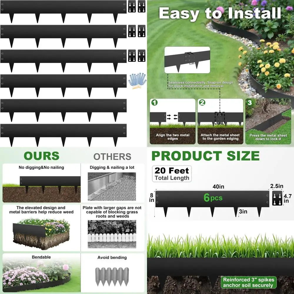 

Набор из 6 шт., 8 высотных x 40 длинных гибких металлических ландшафтных кромок, простая установка для двора, газона, дорожек и клубов (20 футов)