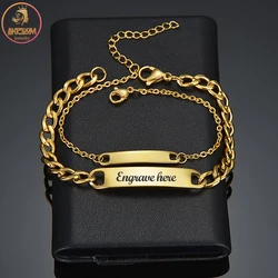 Akizoom Engrave Name Custom Bracelets Punk Gold Color Stainless Steel Couple Thick Hand Chain Customized for Women Jewelry Gift