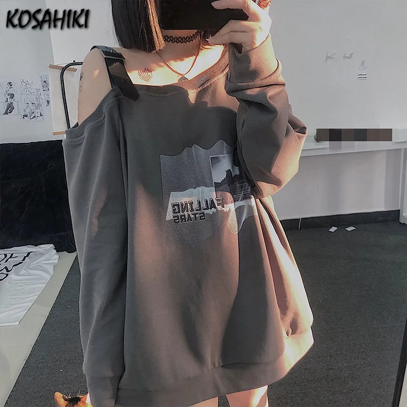 KOSAHIKI Sexy Y2k Belted Off Shoulder Hoodies Women Harajuku Gothic Loose Tops Sweatshirts 2024 New Korean Fashion Sudaderas