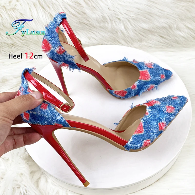 

Buckle Strap Sandals For Women Summer Thin High Heels 8-12CM Red Blue Color Block Sexy Elegant Pumps Pointed Denim Female Shoes