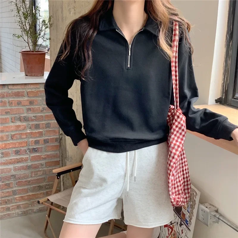 Women Chic Solid Color Stand Collar Pullovers Spring Autumn Thin Zipper Sweatshirts New Short Jacket Casual Pullover Sweatshirts