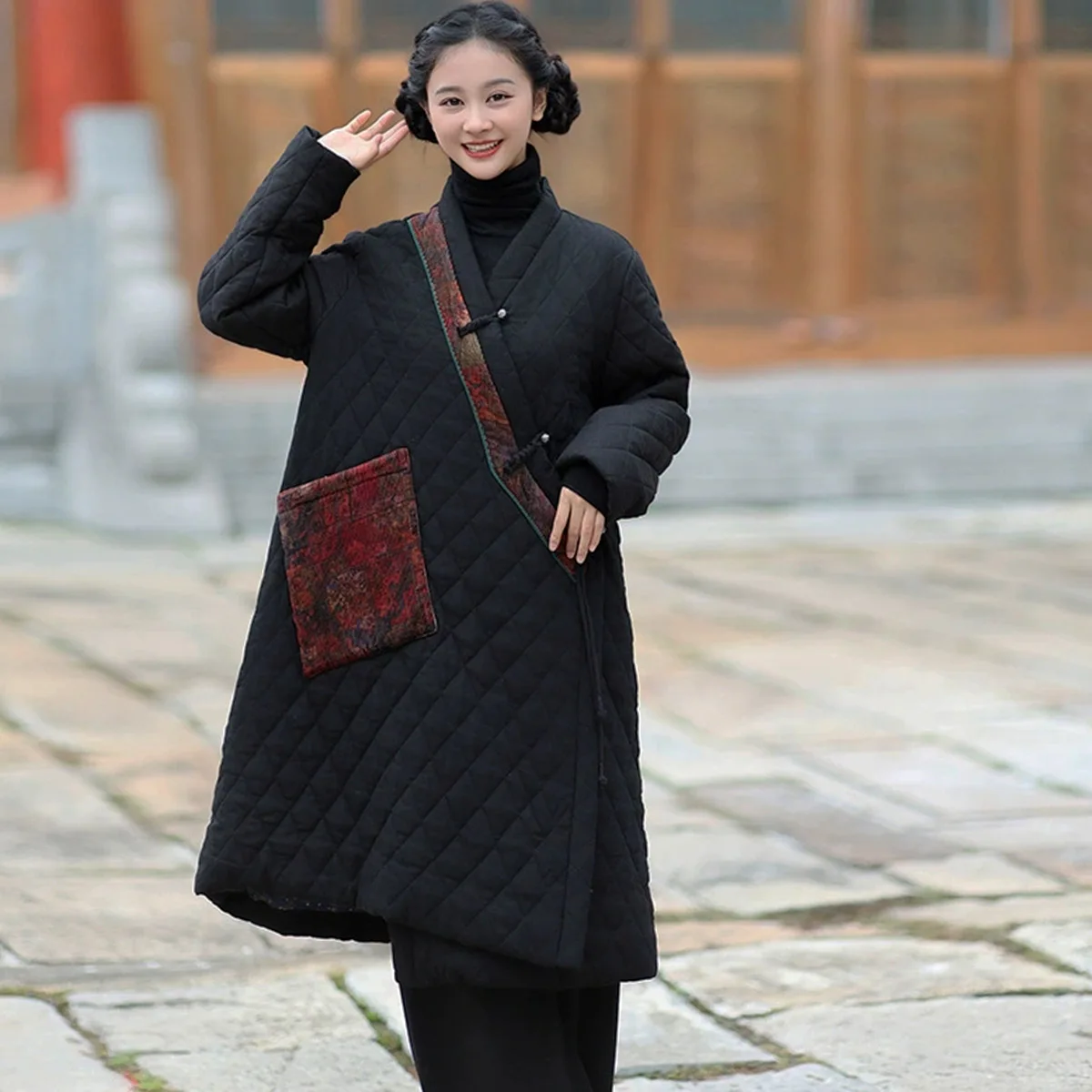 

Floral Irregular Creativity Splicing Quilted Jacket V-neck Womens Winter Button Soft Warm Loose Retro Kimono Coats with Pockets