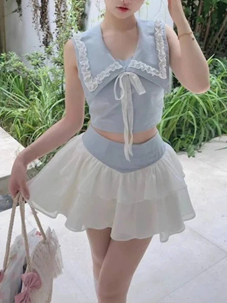 Japanse Zoete Lolita Tweedelige Set Vrouwen Backless Boog Tops + Korte Taart Rok Nieuwe Harajuku Pure Desire Slanke Zomer outfit 2025