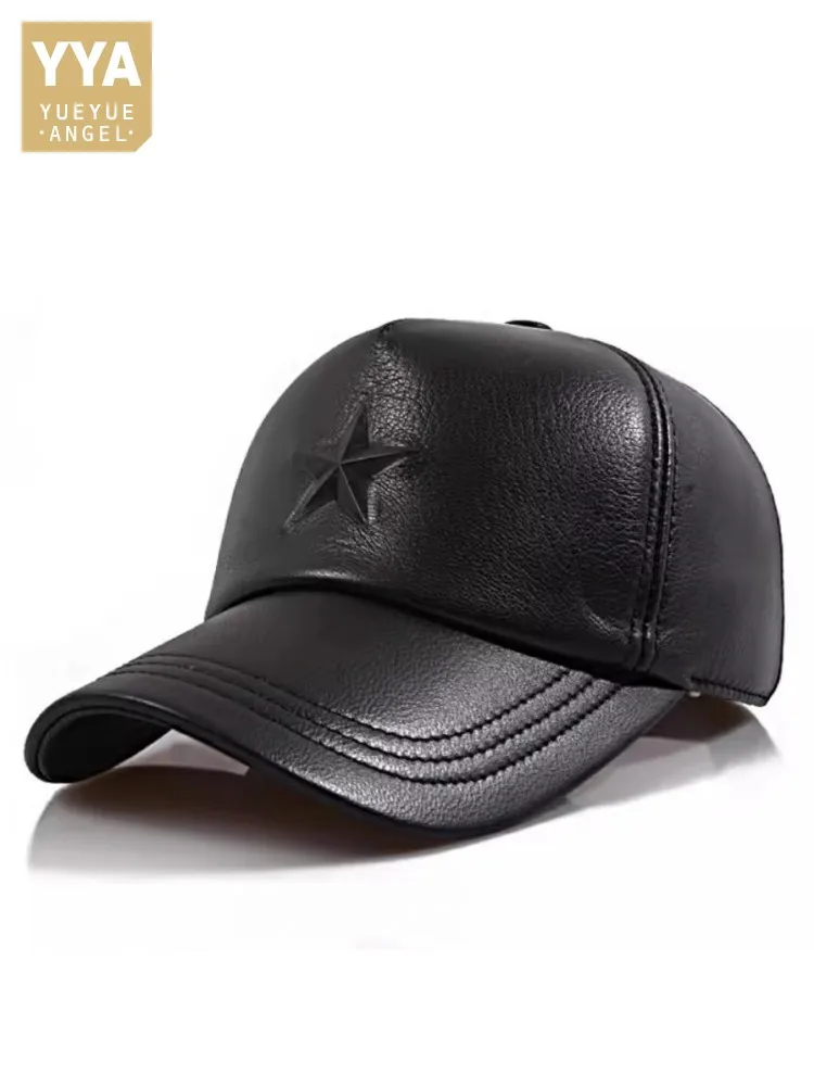 New Designer Mens Star Pattern Cowhide Genuine Leather Baseball Hat Adjustable Casual Spring Autumn Windproof Peaked Hat Cap