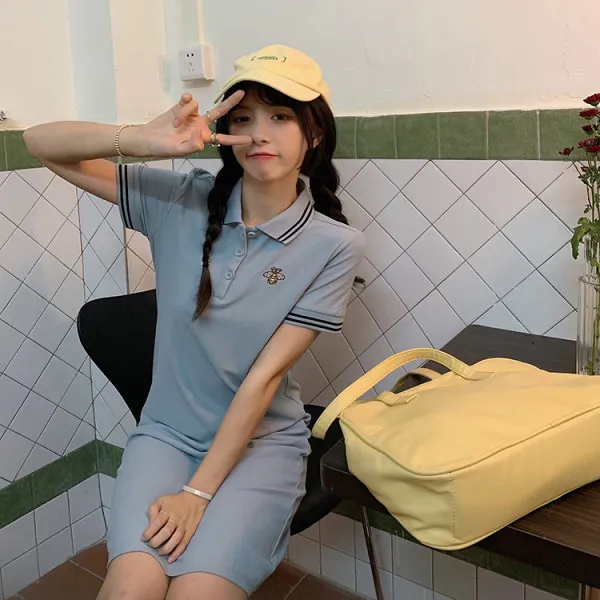 فستان ميدي مضاد للشيخوخة بياقة بولو وأكمام قصيرة مطرز ونحيف على الطراز الكوري من القطن للعمل صيفي عصري #4