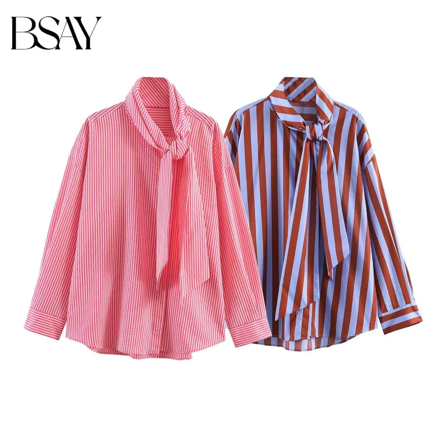 

BSAY 2026 Summer Striped Shirt Women Casual Long Sleeves Blouse Bow Lace Up Collar Buttons Loose Female Oversize Top OL