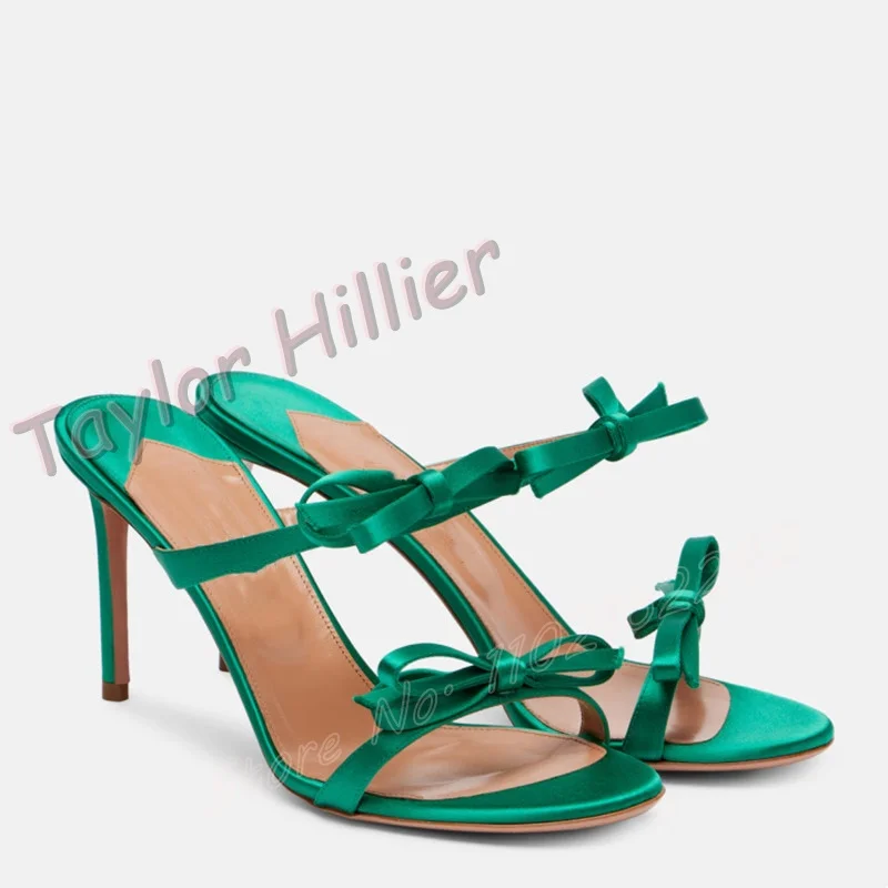 Summer Bow Open Toe Slippers Women'S Satin Round Toe Stiletto Shallow Mouth High Heels Elegant Sexy Party Luxury Dress Slippers