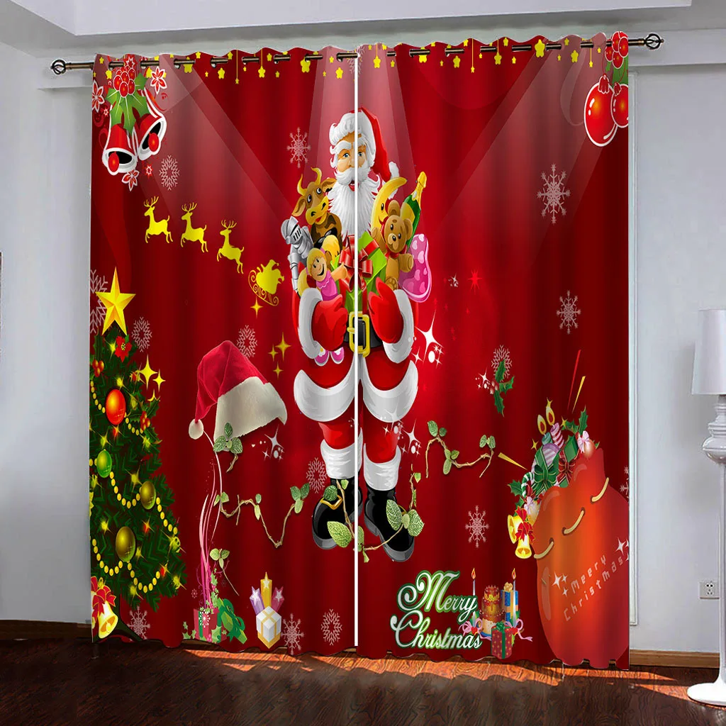 2 piece set of Red Christmas Outfit Santa Curtain - Digital print - Polyester - perfect for living room, kitchen, bedroom