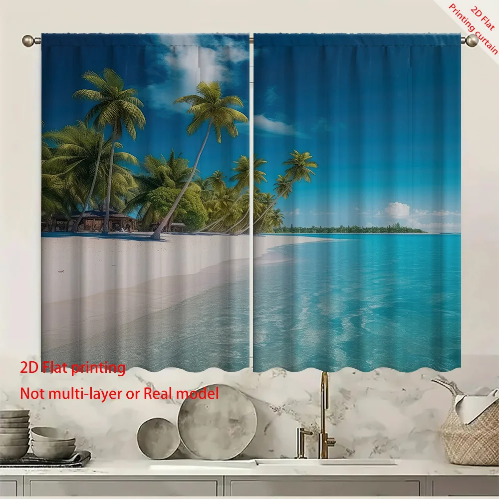 Sea view coconut tree printed curtains, dormitory office bedroom living room sunshade window decoration Bohemian home decoration