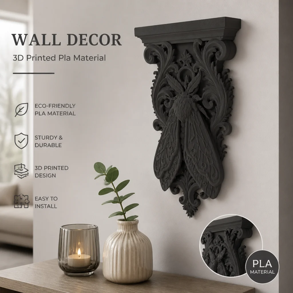 Gothic Death Moth Wall Bracket Shelf, Black PLA Plastic Ornate Baroque Corbel for Dark Academia Witchy Halloween Home Decor