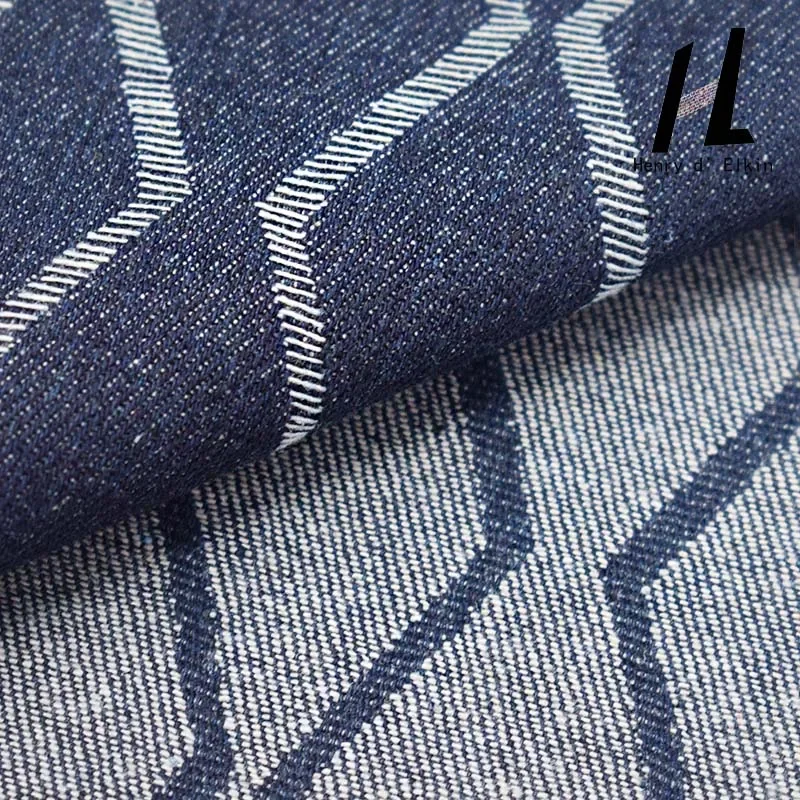 Генри оптовая продажа, жаккардовая джинсовая ткань в полоску на заказ, индиго, 70% хлопок, 30% полиэстер, джинсовая ткань для модной куртки, джинсовая сумка