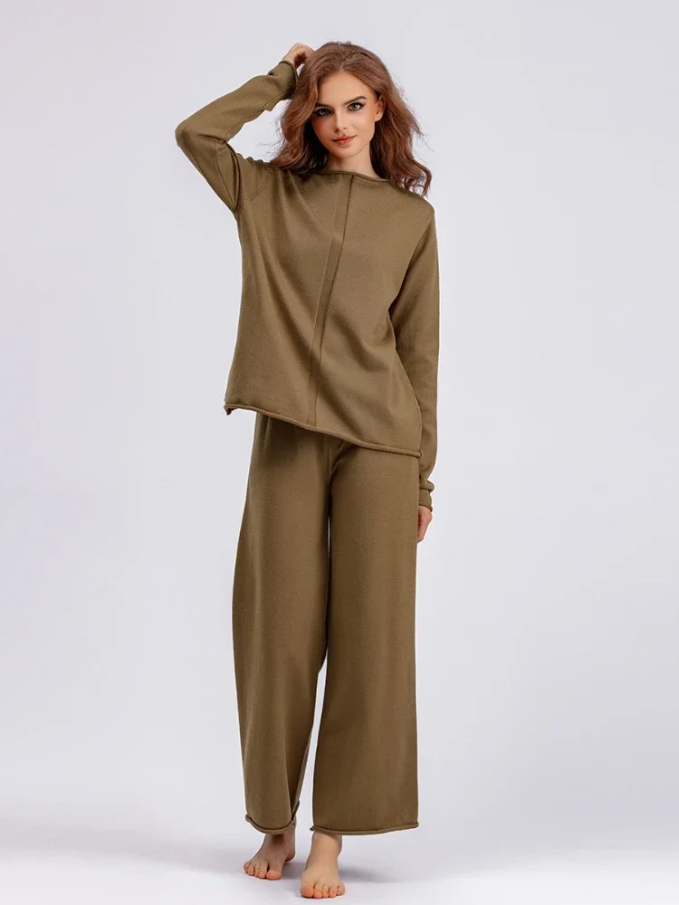 Autumn Temperament Soft Lazy Knitted Wide-leg Pants Suit Women\'s Sweater Pullovers with Casual Trousers Winter Two-piece suits