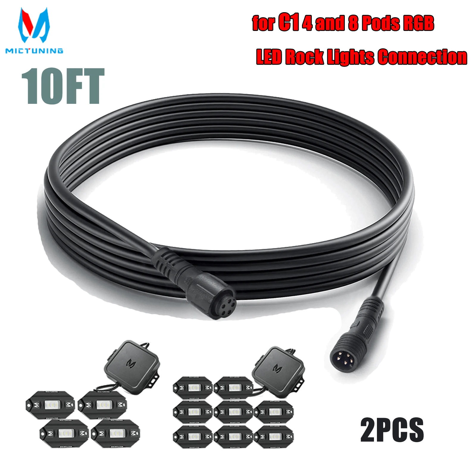 MICTUNING C1 Extension Cable DC Extension Cords 10FT for 4 and 8 Pods RGB LED Rock Lights Connection for LED Strip Power Adapte