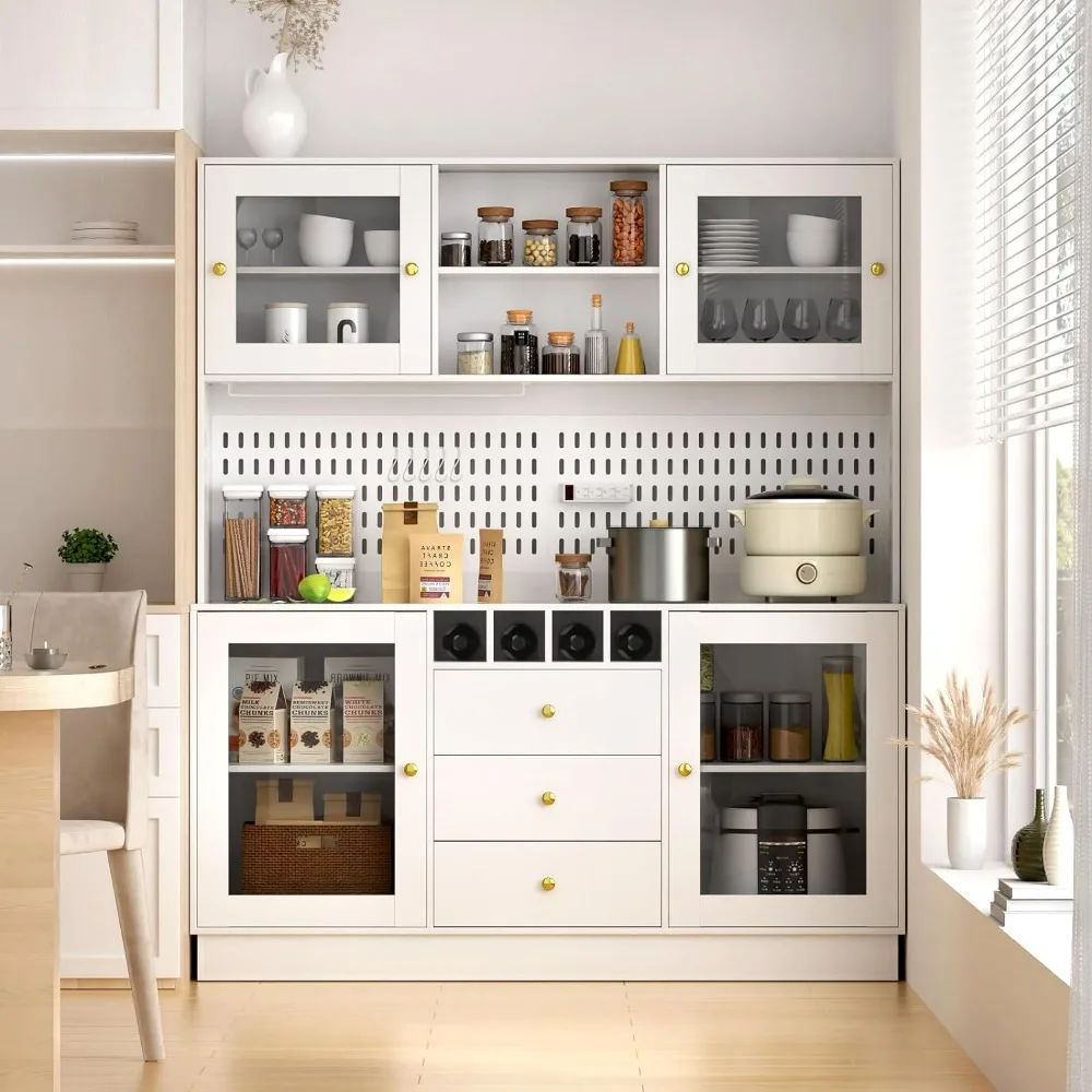 

Pantry Cabinet, Kitchen Storage Cabinet, Freestanding Buffet Hutch with Pegboard, Cup Holder, Power Outlet, 4 Doors