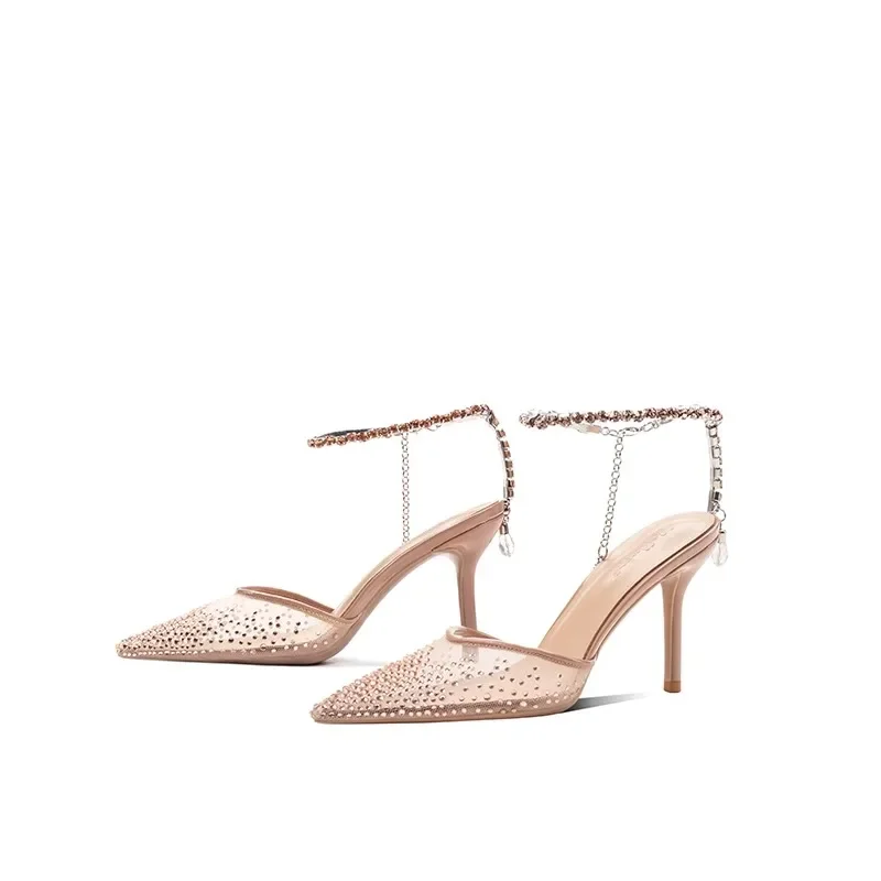 Dedo do pé apontado strass corrente alta malha quente strass sandálias rasas feminino stiletto elegante sapatos de casamento sandalias mujer