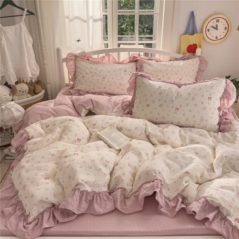 3/4Pcs Korean Princess Style Ruffles Bedding Set Single Queen King Size Duvet Cover Set Bed Sheet Pillowcases