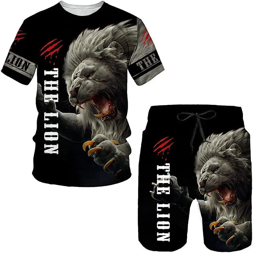 Men\'s Cool Lion Print T-shirt Suit 3D Summer Casual Style Male Tees Shorts Set Popular Outdoor Men\'s Clothing O-neck Sportswear