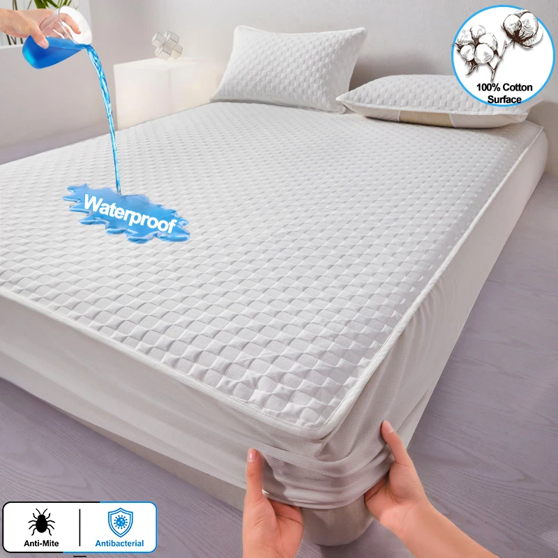 Knit Cotton Surface Waterproof Mattress Protector, Quilted Anti‑Mite Antibacterial Fitted Mattress Cover, Soft Silent Bed Cover