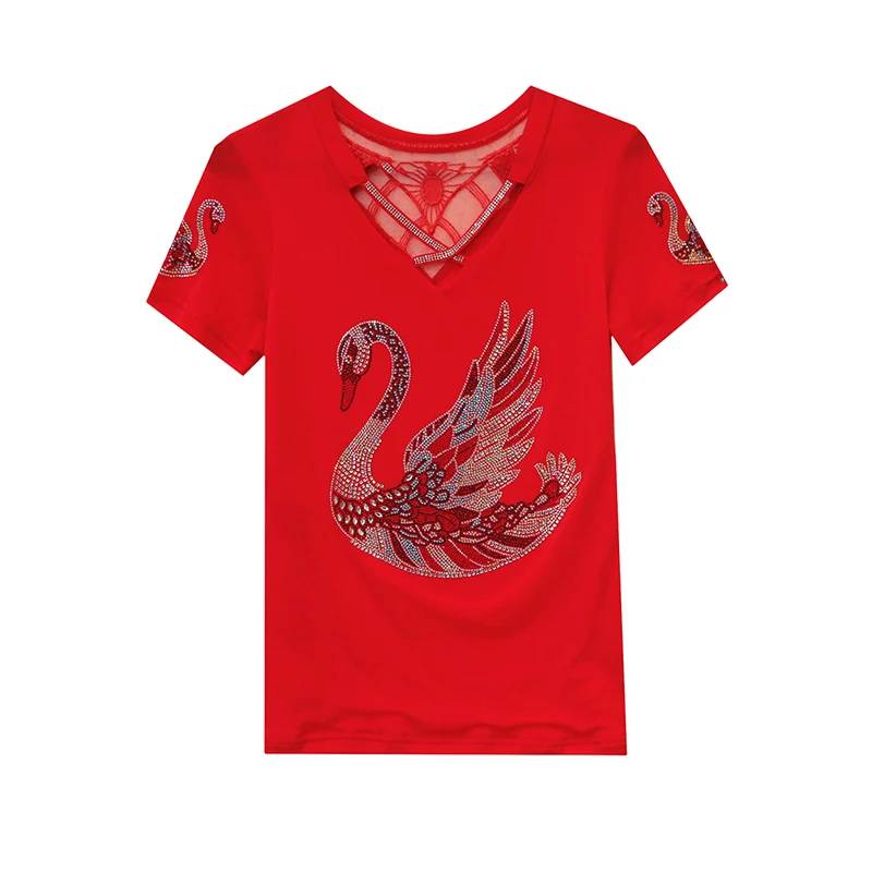 أسود، كوري، نمط، تي شيرت، أنيق، مثير، رقبة على شكل حرف V، مجوف، لامع، الماس، النساء، بلايز، كم قصير، قميص سفلي، تي شيرت، جديد، 522501