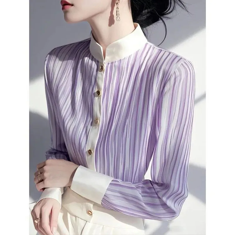 여성용 쉬폰 셔츠 여성용 새로운 폭발 봄 독특하고 아름다운 회색 대비 줄무늬 싱글 브레스트 셔츠 및상의