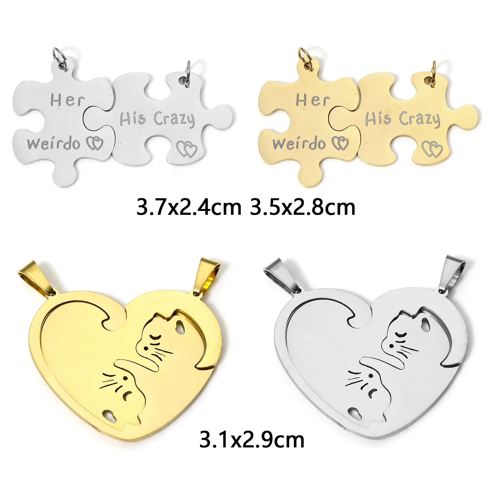 1 Set Couple Cat Heart Charms Melon Seed Buckle 304 Stainless Steel Pendant Jigsaw Charms For Diy Couple Necklace Jewelry Gift