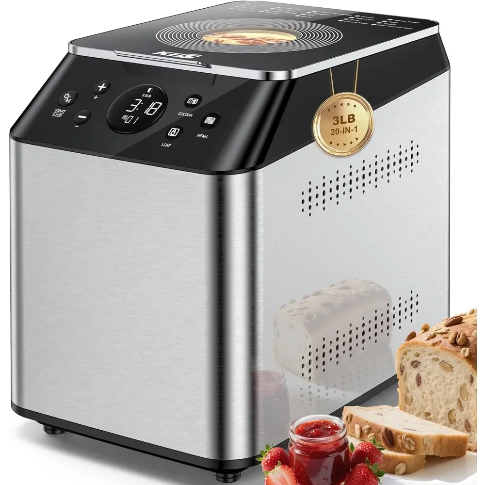 KBS 750W Programmable Bread Maker, Dual Heaters Bread Machine with 3LB Ceramic Pan & Fruit Dispenser,20-in-1 Stainless Steel Aut