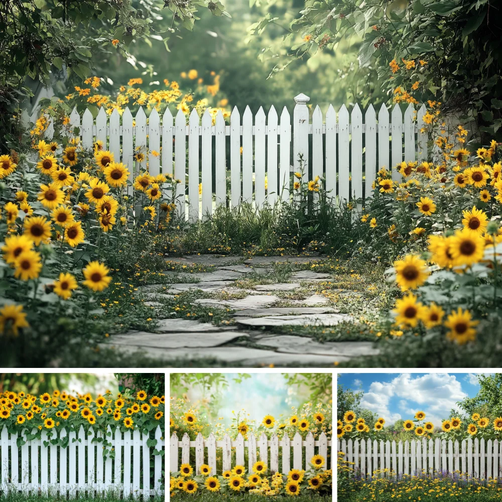 

Sunflower Wooden Fence Backgrounds for Kids Birthday Photoshoots Cake Smash Rustic Outdoor Trees Backdrop Baby Photo Decor